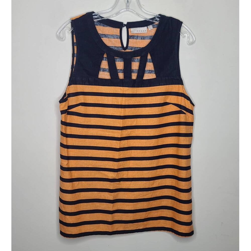 Kenar blue orange stripe linen blend sleeveless blouse - large